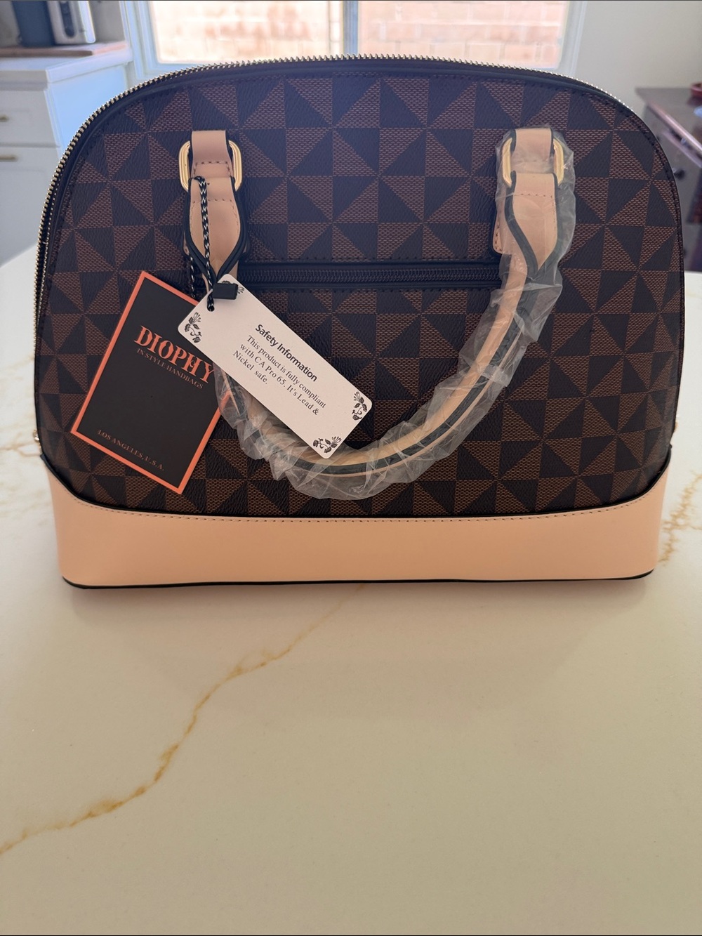 Diophy Brown Geometric Satchel with Cream Trim